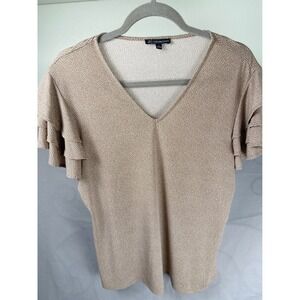 Adrianna Papell Tan White Polka Dot V-Neck Ruffle Sleeve Blouse Top Large L